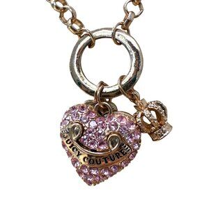 Juicy Couture Gold Tone Heart & Crown Charm Necklace With Pink Rhinestones